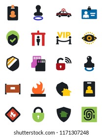 Color and black flat icon set - fence vector, security gate, alarm car, stamp, lock, identity card, shield, flammable, sd, eye id, vip zone, wireless, home protect, pass, fingerprint