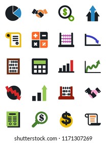 Color and black flat icon set - handshake vector, growth statistic, dollar sign, calculator, abacus, crisis graph, bar, pie, contract, arrow up, money search