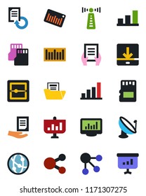 Color and black flat icon set - antenna vector, document, reload, barcode, satellite, network, scanner, sd, download, monitor statistics, bar graph, folder, social media, presentation