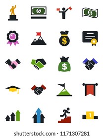 Color and black flat icon set - dispatcher vector, handshake, pedestal, medal, graduate, money bag, cash, career ladder, arrow up graph, motivation, pennon, certificate