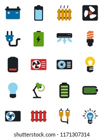 Color and black flat icon set - bulb vector, battery, low, rca, desk lamp, heater, air conditioner, power plug, fan, radiator, energy saving, idea