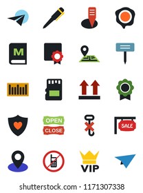 Color and black flat icon set - no mobile vector, vip, pen, stamp, plant label, heart shield, navigation, pin, up side sign, hook, barcode, sd, sertificate, sale, menu, open close, paper plane