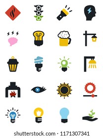 Color and black flat icon set - sun vector, brainstorm, bulb, garden light, eye, traffic, torch, brightness, fireplace, beer, smoke detector, energy saving, outdoor lamp, idea, palm sproute