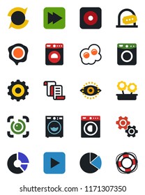 Color and black flat icon set - ticket office vector, washer, gear, contract, circle chart, stamp, play button, fast forward, rec, eye id, update, pie graph, flower in pot, omelette