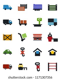 Color and black flat icon set - railroad vector, truck trailer, cargo container, car delivery, sea port, consolidated, warehouse storage, no hook, heavy scales, rack