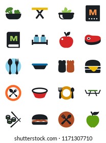 Color and black flat icon set - spoon and fork vector, picnic table, cafe, menu, salad, salt pepper, steak, hamburger, bowl, sushi, apple fruit