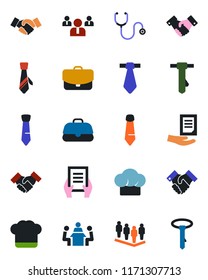 Color and black flat icon set - handshake vector, team, tie, document, stethoscope, meeting, cook hat, case