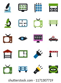 Color and black flat icon set - barrier vector, tv, alarm car, seat map, bench, monitor pulse, microscope, eye, torch, plan, alcove, scan