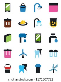 Color and black flat icon set - trash bin vector, shower, bucket, tooth, mobile, blank box, water supply, bathroom, serviette, filter, windmill