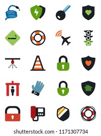 Color and black flat icon set - plane radar vector, security gate, smoking place, border cone, glove, hose, heart shield, traffic light, protect, lock, key, intercome, home, sprinkler