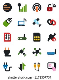 Color and black flat icon set - wireless notebook vector, satellite, share, chain, rca, sim, network, data exchange, cellular signal, power plug, lock, router, home control app