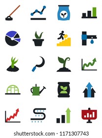 Color and black flat icon set - growth statistic vector, seedling, watering can, sproute, hoe, sickle, greenhouse, fertilizer, drip irrigation, bar graph, pie, point, career ladder, arrow up