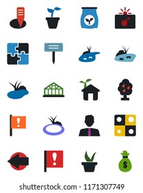 Color and black flat icon set - bomb in case vector, left arrow, seedling, plant label, greenhouse, pond, fertilizer, important flag, application, fruit tree, estate agent, eco house, money bag