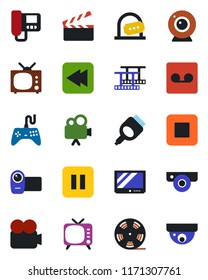 Color and black flat icon set - ticket office vector, clapboard, film frame, reel, tv, gamepad, video camera, pause button, stop, rewind, hdmi, record, web, intercome, surveillance