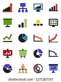 Color and black flat icon set - growth statistic vector, hierarchy, presentation board, circle chart, monitor pulse, statistics, bar graph, pie, point, crisis
