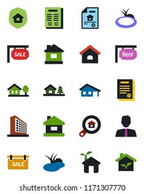 Color and black flat icon set - office building vector, house, pond, contract, with garage, tree, estate document, sale, rent, search, agent, insurance, eco