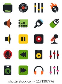 Color and black flat icon set - vinyl vector, flame disk, microphone, speaker, settings, equalizer, headphones, pause button, fast forward, rewind, rec, rca, hdmi, tuning