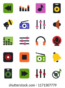 Color and black flat icon set - microphone vector, radio, speaker, settings, equalizer, headphones, stop button, fast forward, rewind, rec, tuning, bell, music