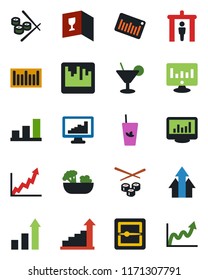 Color and black flat icon set - security gate vector, growth statistic, monitor, barcode, scanner, statistics, bar graph, wine card, cocktail, phyto, salad, sushi, arrow up