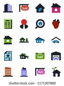 Color and black flat icon set - office building vector, house, real heart, contract, with garage, tree, estate document, rent, sold signboard, search, agent, smart home, city, eco