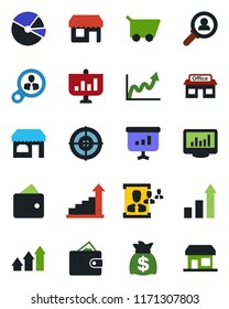 Color and black flat icon set - shop vector, growth statistic, money bag, store, monitor statistics, pie graph, hr, target, consumer search, arrow up, wallet, cart, presentation, storefront