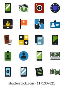 Color and black flat icon set - mobile phone vector, identity card, document, important flag, cash, cell, camera, user, download, application, restaurant receipt, home control app