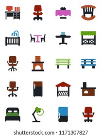 Color and black flat icon set - cafe vector, office chair, desk, bench, fireplace, lamp, bedroom, children room, restaurant table, alcove, fridge