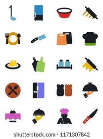 Color and black flat icon set - fridge vector, cook, restaurant table, serviette, cafe, hat, waiter, salt and pepper, ladle, bowl, rolling pin, cutting board, knife