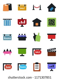 Color and black flat icon set - fence vector, flight table, presentation board, meeting, clapboard, clipboard, sale, rooms, sold signboard, smart home, cutting, chip