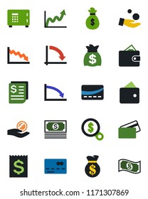 Color and black flat icon set - credit card vector, safe, money bag, crisis graph, cash, receipt, wallet, growth, search, investment
