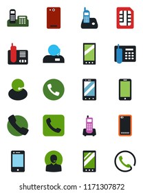 Color and black flat icon set - phone vector, mobile, office, support, cell, radio, back, call, sim