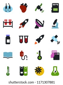 Color and black flat icon set - satellite antenna vector, book, blood test vial, dropper, microscope, ampoule, real heart, virus, sd, thermometer, rocket, flask