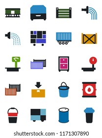 Color and black flat icon set - bucket vector, watering, truck trailer, cargo container, consolidated, package, oil barrel, heavy scales, railroad, archive box, water filter