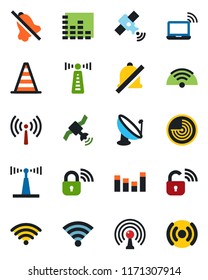 Color and black flat icon set - antenna vector, wireless notebook, border cone, radar, satellite, equalizer, mute, lock