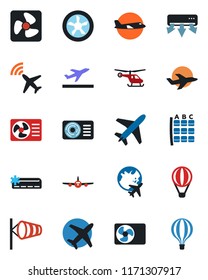 Color and black flat icon set - plane vector, radar, departure, wind, helicopter, seat map, globe, air conditioner, fan, balloon