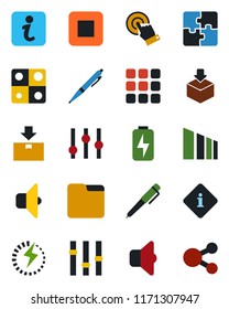 Color and black flat icon set - package vector, sorting, settings, touch screen, stop button, menu, folder, charge, application, pen, sound, information, social media