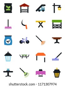 Color and black flat icon set - ladder car vector, rake, sickle, garden light, picnic table, fertilizer, bike, restaurant, alcove, outdoor lamp