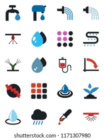 Color and black flat icon set - crisis graph vector, watering, water drop, rain, drip irrigation, dropper, menu, supply, sprinkler
