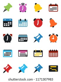 Color and black flat icon set - alarm clock vector, drawing pin, calendar, term, paper, bell, schedule