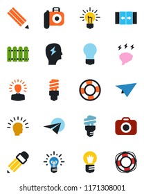 Color and black flat icon set - automatic door vector, brainstorm, bulb, camera, pencil, fence, energy saving, shining head, idea, paper plane, crisis management