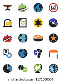 Color and black flat icon set - no laptop vector, ticket office, globe, document reload, pills, diet, earth, pie graph, table, police