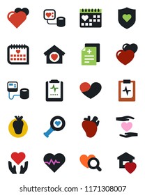 Color and black flat icon set - heart vector, pulse, diagnosis, blood pressure, diagnostic, shield, hand, real, medical calendar, clipboard, sweet home