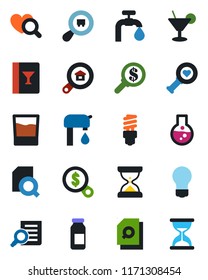 Color and black flat icon set - document search vector, bulb, heart diagnostic, ampoule, cargo, water supply, estate, wine card, drink, cocktail, energy saving, money, flask, sand clock
