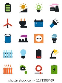 Color and black flat icon set - bulb vector, factory, oil barrel, battery, low, torch, brightness, desk lamp, windmill, heater, home control, socket, power plug, radiator, energy saving