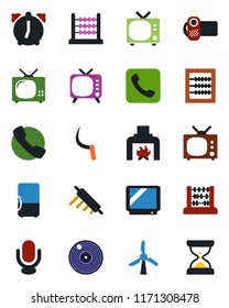 Color and black flat icon set - tv vector, abacus, sickle, vinyl, video camera, microphone, call, alarm, fireplace, rolling pin, fridge, windmill, sand clock