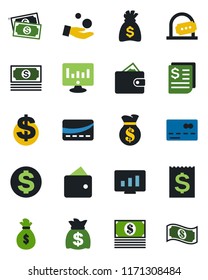 Color and black flat icon set - credit card vector, ticket office, dollar sign, money bag, statistic monitor, cash, receipt, wallet, investment