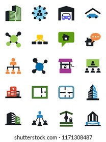 Color and black flat icon set - hierarchy vector, well, molecule, hospital, office building, garage, plan, home message