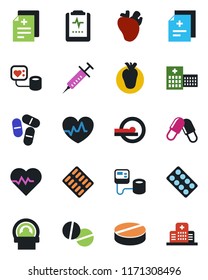 Color and black flat icon set - heart pulse vector, diagnosis, syringe, blood pressure, pills, blister, tomography, real, clipboard, hospital