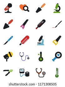 Color and black flat icon set - trowel vector, pruner, saw, stethoscope, blood pressure, thermometer, heart diagnostic, microscope, scalpel, microphone