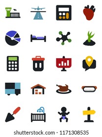 Color and black flat icon set - runway vector, baby, bed, airport building, trowel, sproute, real heart, mobile tracking, consolidated cargo, share, calculator, pie graph, warehouse, children room